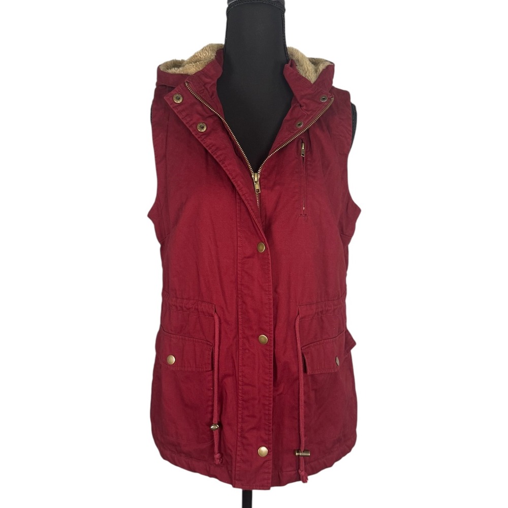 Love Tree Burgundy Utility Vest Faux Fur Lined Hooded Drawstring Waist Medium
